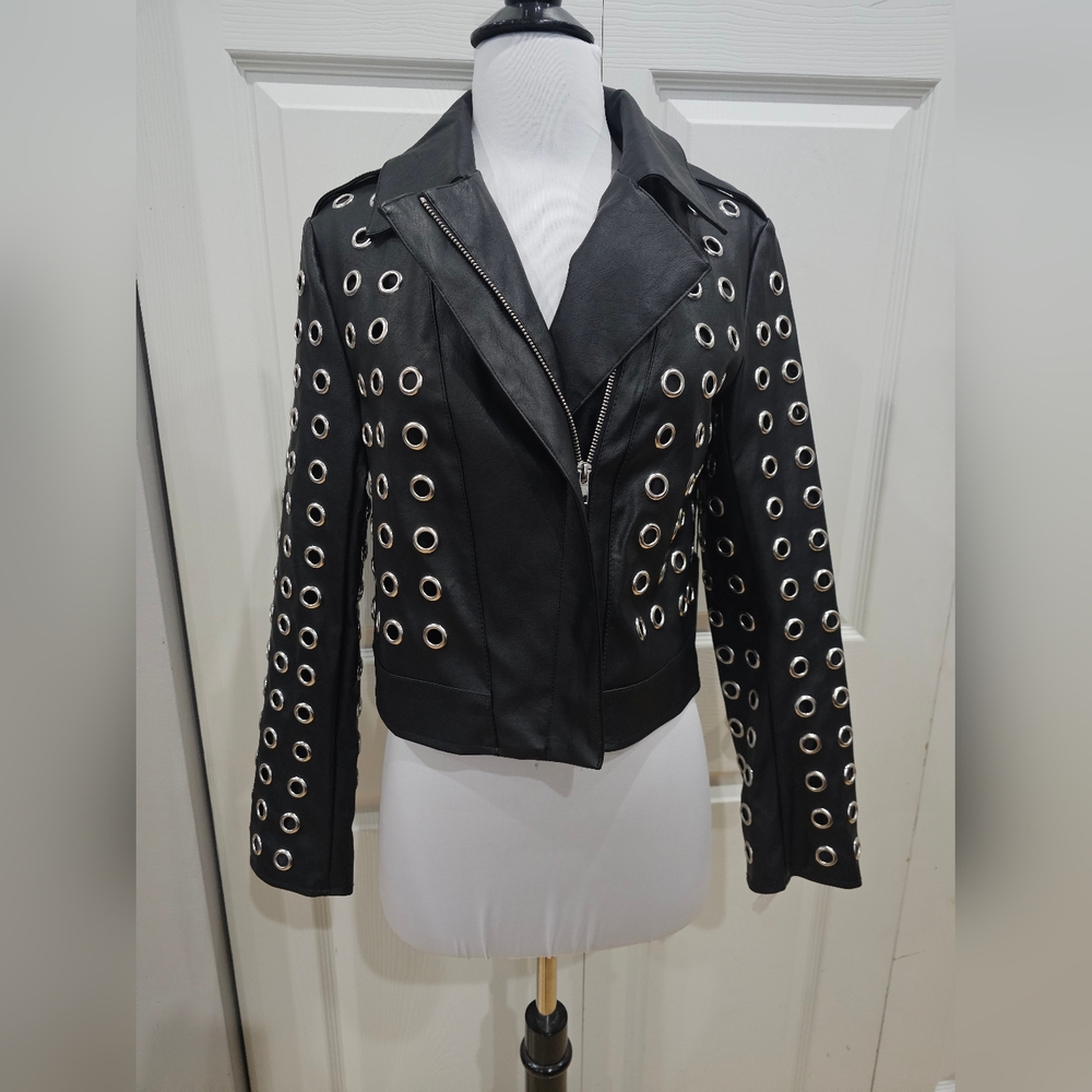 Unique Forever 21 Punk Goth Silver Grommet Black Faux Leather Jacket S